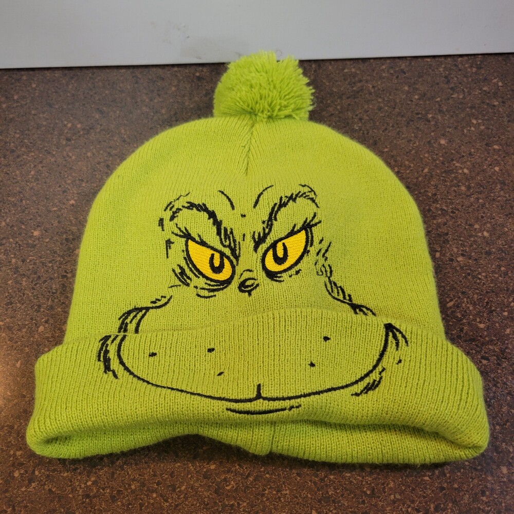 Dr. Seuss Grinch Big Face Knit Pom Beanie Womens Green Cartoon Stole Christmas